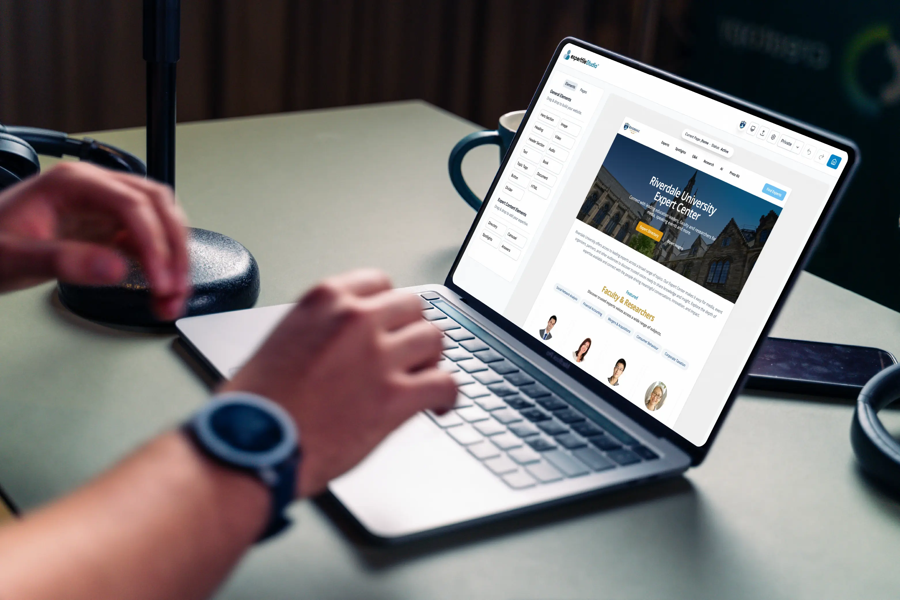 ExpertFile Studio page builder on a laptop