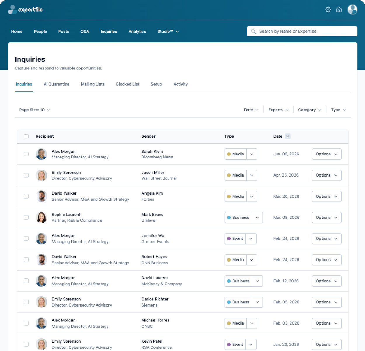 ExpertFile inquiries dashboard